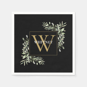 Elegant Black Gold Monogram Greenery Floral Servet