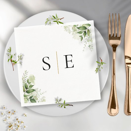 Elegant Black Gold Monogram Greenery Servet