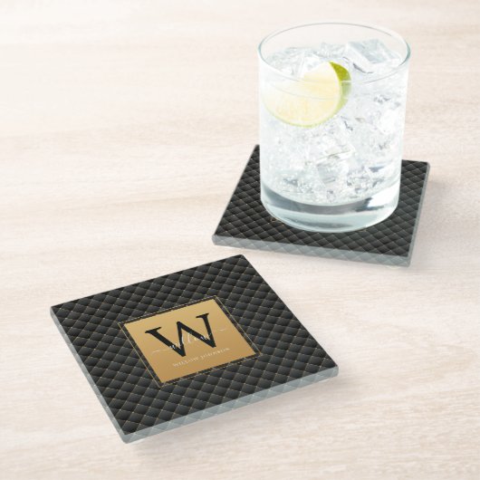 Elegant Black Gold Monogram Initiaal Script Modern Glazen Onderzetter (Schuin)