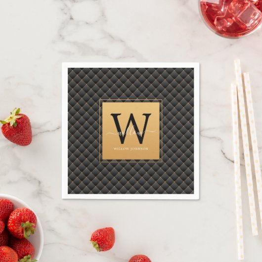 Elegant Black Gold Monogram Initiaal Script Stijlv Servet (Insitu)