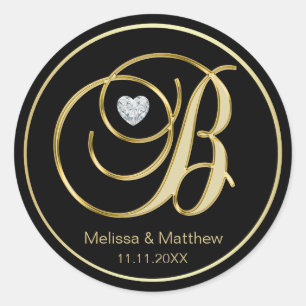 Elegant Black Gold Monogram Letter B Heart Diamond Ronde Sticker
