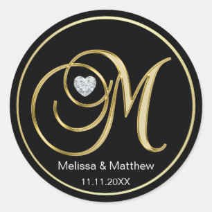 Elegant Black Gold Monogram Letter M Heart Diamond Ronde Sticker