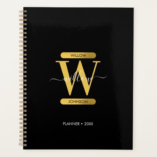 Elegant Black & Gold Monogram Modern Planner (Voorkant)