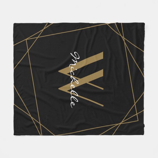 Elegant Black Gold Monogram Name Script Geometric Fleece Deken (Voorkant (Horizontaal))