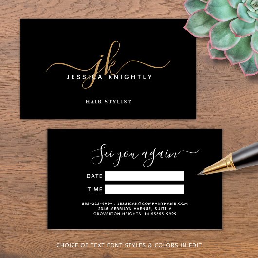 Elegant Black Gold Monogram Script Appointment Afsprakenkaartje