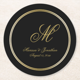 Elegant Black Gold Monogram Script Black Weddensch Ronde Kartonnen Onderzetter