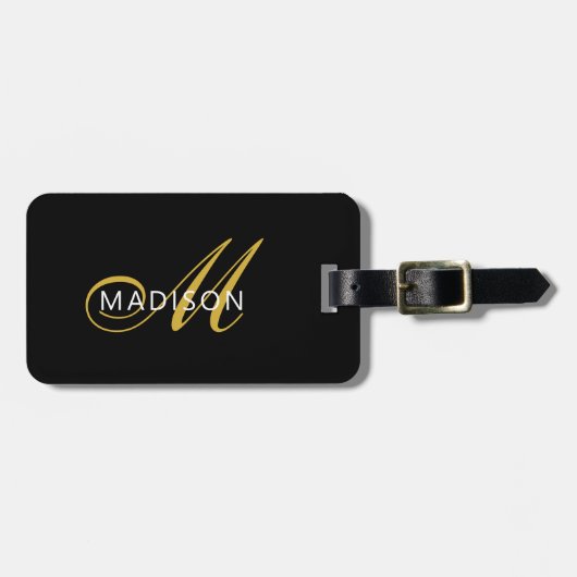 Elegant Black Gold Monogram Script Initial  Bagagelabel (Voorkant horizontaal)