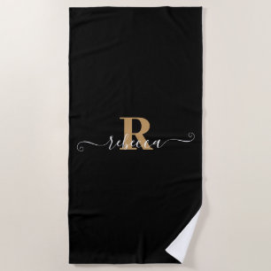 Elegant Black Gold Monogram Script Name Strandlaken