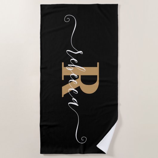 Elegant Black Gold Monogram Script Name Strandlaken (Voorkant)