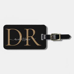 Elegant Black Gold Monogram Script Name Stylish Bagagelabel