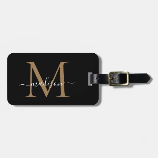 Elegant Black Gold Monogram Script Name Stylish Bagagelabel (Voorkant horizontaal)