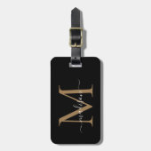 Elegant Black Gold Monogram Script Name Stylish Bagagelabel (Voorkant verticaal)