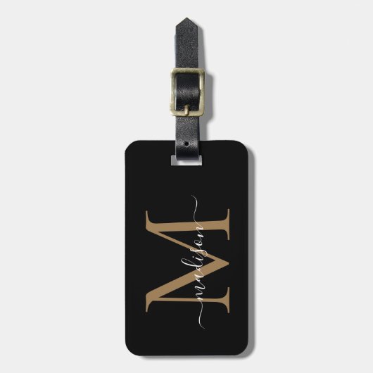Elegant Black Gold Monogram Script Name Stylish Bagagelabel (Voorkant verticaal)