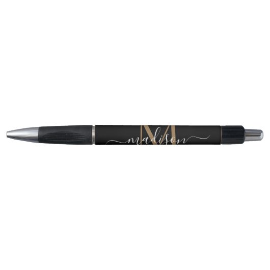 Elegant Black Gold Monogram Script Name Stylish Pen (Voorkant)