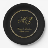 Elegant Black Gold Monogram Script Weddenschap Papieren Bordje (Voorkant)