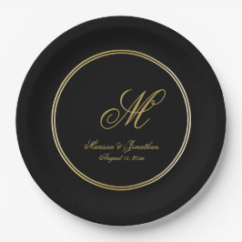 Elegant Black Gold Monogram Script Weddenschap Papieren Bordje