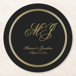 Elegant Black Gold Monogram Script Weddenschap Ronde Kartonnen Onderzetter