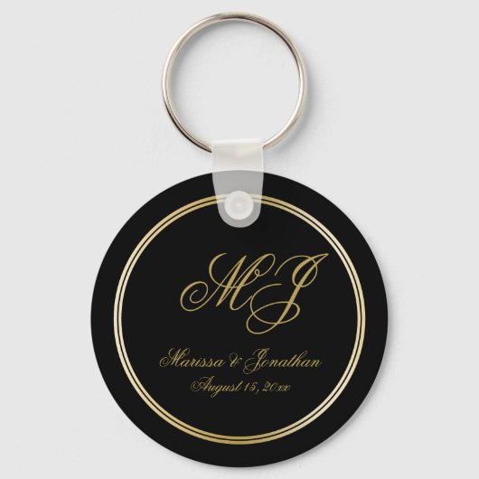 Elegant Black Gold Monogram Script Weddenschap Sleutelhanger (Voorkant)
