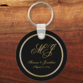 Elegant Black Gold Monogram Script Weddenschap Sleutelhanger (Voorkant)