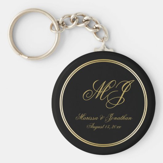 Elegant Black Gold Monogram Script Weddenschap Sleutelhanger (Voorkant)