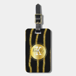 Elegant Black Gold Monogram Stripe Bagagelabel