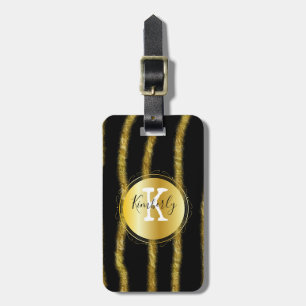 Elegant Black Gold Monogram Stripe Bagagelabel