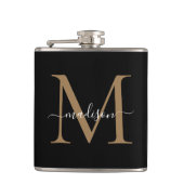 Elegant Black Gold Monogram Stylish Script Name Heupfles (Voorkant)