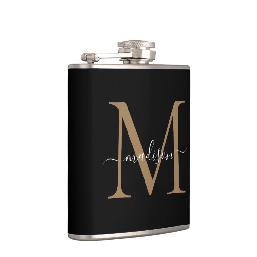 Elegant Black Gold Monogram Stylish Script Name Heupfles (Rechts)