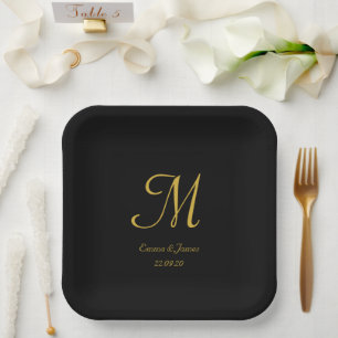 Elegant Black Gold Monogram Weddenschap Papieren Bordje
