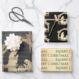 Elegant Black & Gold Natitivity Merry Kerstmis Inpakpapier Vel
