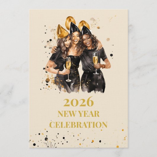 Elegant Black & Gold New Year Invitation (Devant)