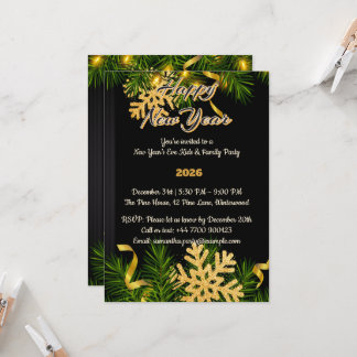 Elegant Black & Gold New Year Invitation 5x7  Kaart