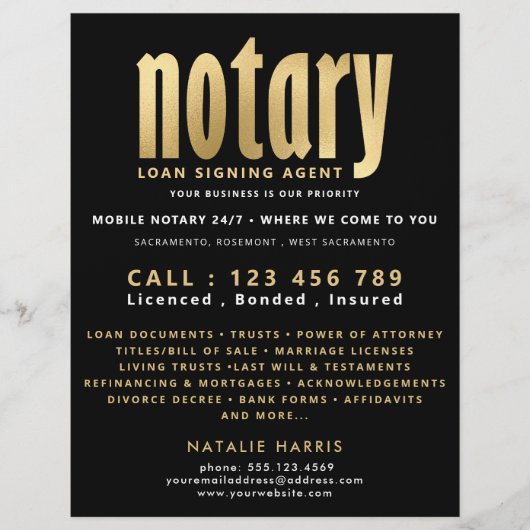 Elegant Black & Gold Notary Loan Agent Flyer (Voorkant)