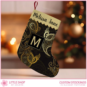 Elegant Black Gold Paisley Monogram Kleine Kerstsok