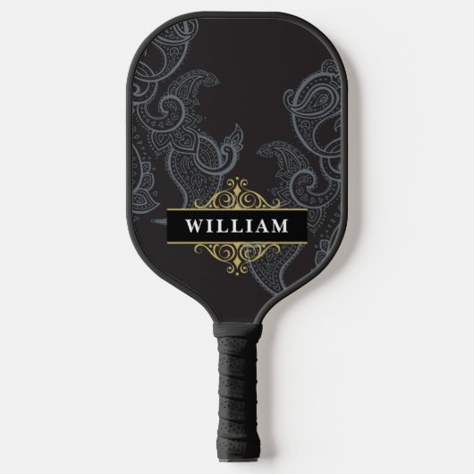Elegant Black Gold Paisley Monogram Pickleball Paddle (Voorkant)