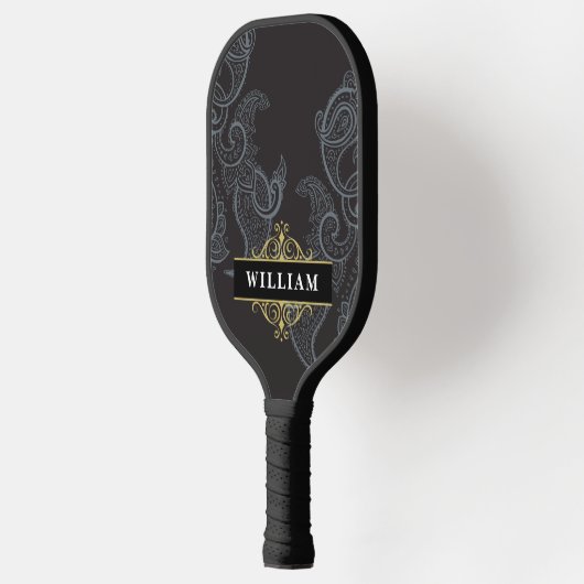 Elegant Black Gold Paisley Monogram Pickleball Paddle (Links)