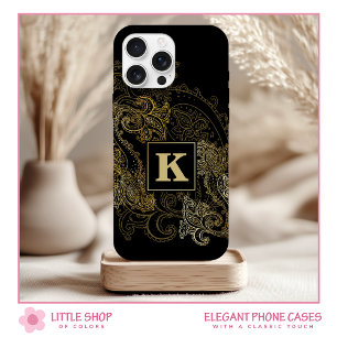 Elegant Black Gold Paisley Pattern Monogram iPhone 16 Hoesje