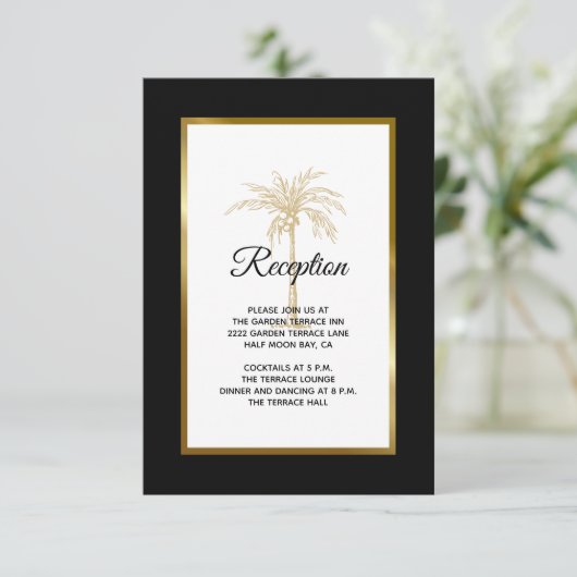 Elegant Black Gold Palm Tree Weddenschap Informatiekaartje (Staand voorkant)