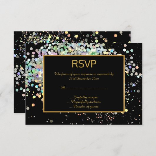 ELEGANT BLACK GOLD PASTEL HOLOGRAPHIC CUSTOP RSVP (Voorkant / Achterkant)