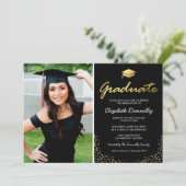 Elegant Black Gold Photo Graduparty Kaart (Staand voorkant)