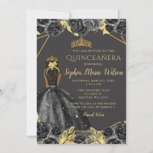 Elegant Black Gold Prinses Quinceañera Kaart