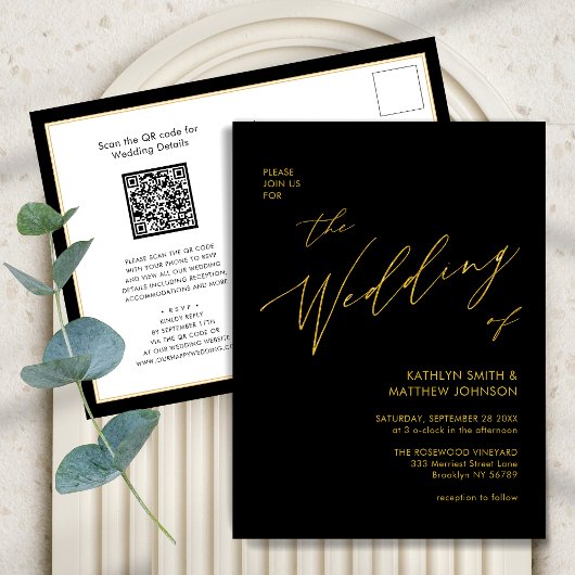 Elegant Black Gold QR-code in één cachebruiloft Uitnodiging Briefkaart