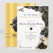 Elégant Black & Gold Quinceañera Floral Invitation (Devant / Derrière)