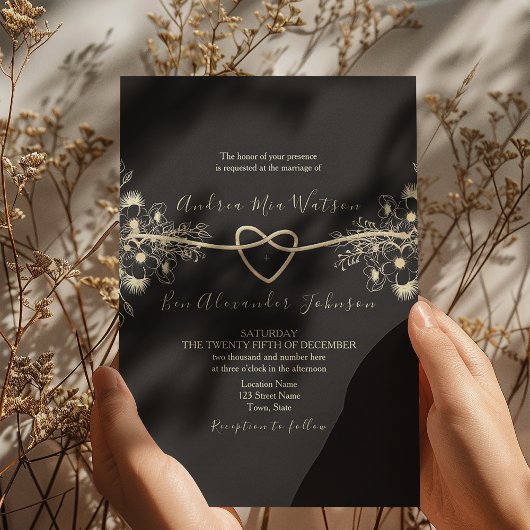 Elégant Black Gold Rope Coeur Invitation