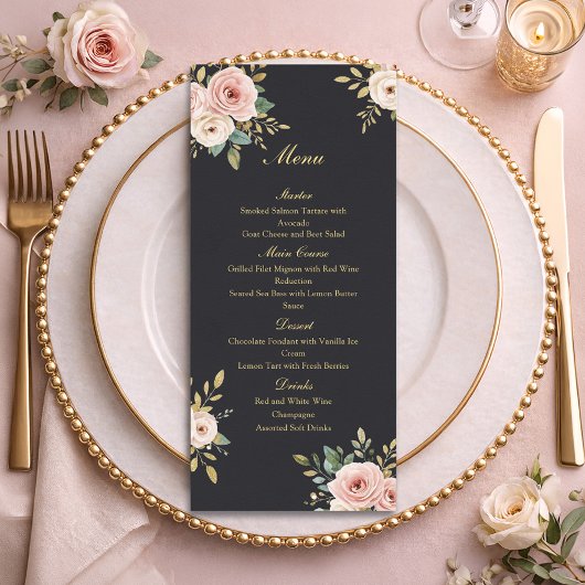 Elegant Black & Gold Roses Wedding Flat Menu