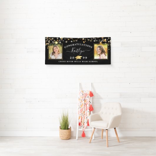 Elegant Black Gold Script 2 Photo-Afstuderen Spandoek (Insitu)