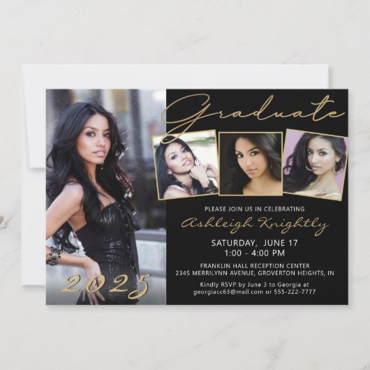 Elegant Black Gold Script 4 Foto Afstuderen Kaart (Voorkant)