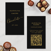 Elegant Black Gold Script Chocolate Qr Code Visitekaartje