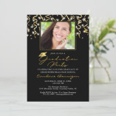 Elegant Black Gold Script Confetti Afstuderen Invi Kaart (Staand voorkant)