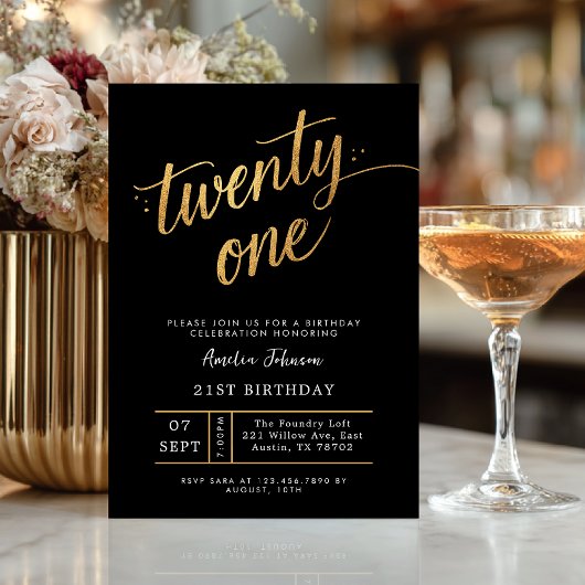 Elegant Black & Gold Script Eighteen 21st Birthday Kaart